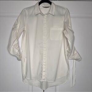 Athleta White Button Down Tunic Shirt XS | Roll Tab Sleeves Stretch Cotton Blend